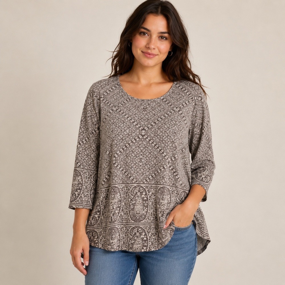 Lucky Brand Brown Paisley Medallion Print 3/4 Sleeve Scoop Neck Top Large